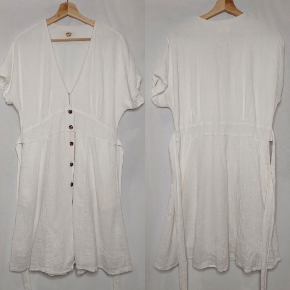 Marine Layer Camila Dress Lined Pockets Tie Back Cap Sleeve Button XL White